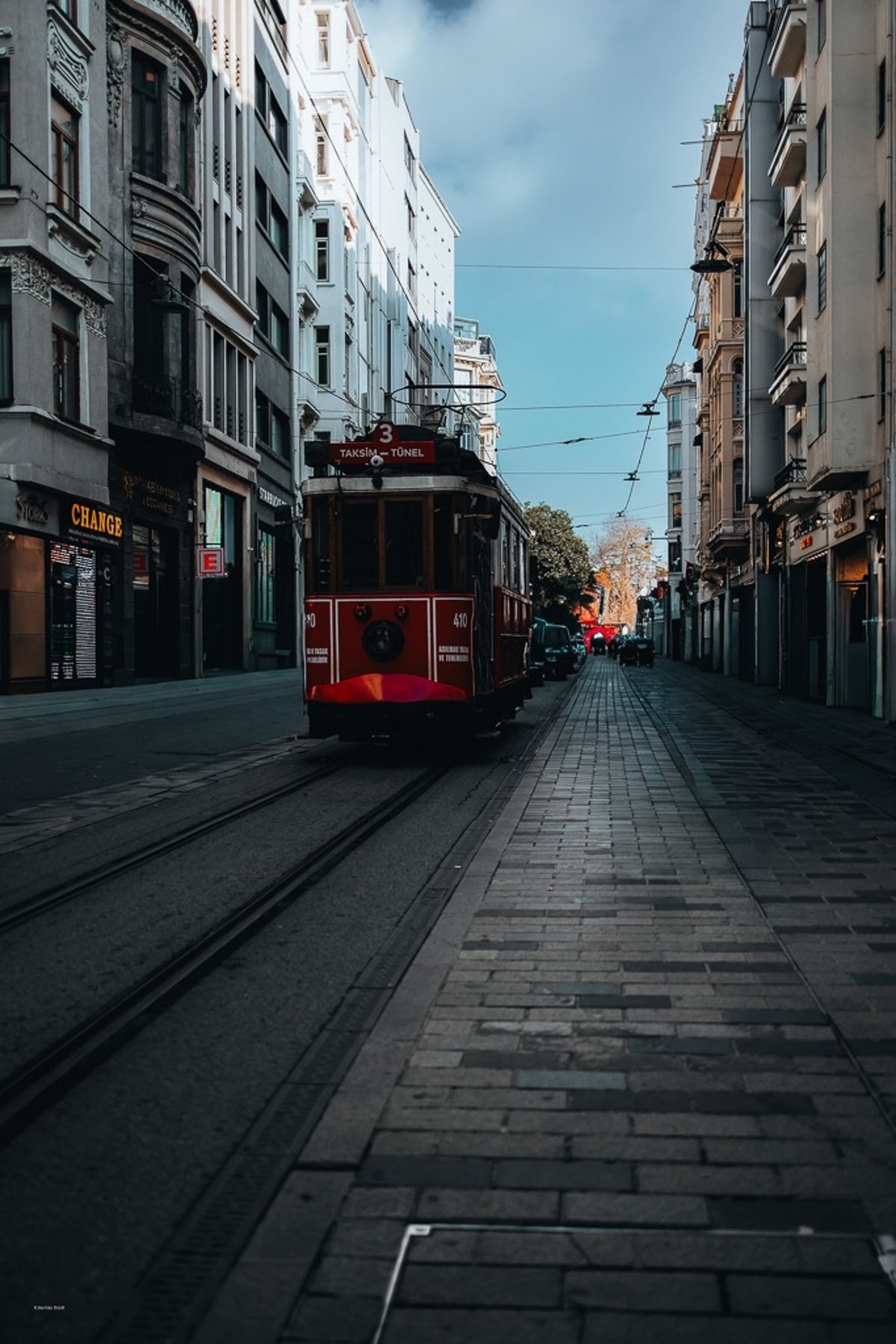 A red tram on Istiklal Avenue, Istanbul